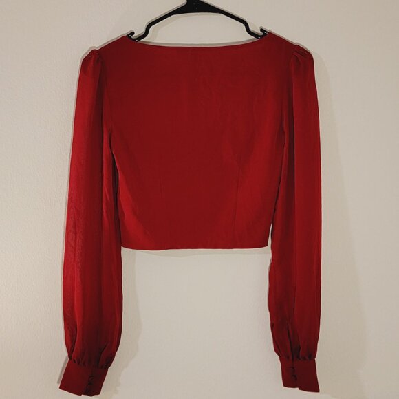 Deep Red Long Sleeved Chiffon Cropped Blouse, NEW, Size XS/Small - Picture 3 of 4
